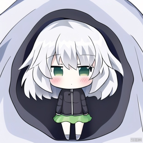  under-covers,blanket,1girl, solo, chibi, liuying, 1girl, black jacket, white shirt, green skirt, silver hair, white hair