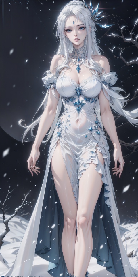  luna,snow,snowing,tree,outdoors,bare tree,sky,1girl,hair ornament,long hair,dress,white hair,night,blue eyes,white dress,solo,, (raw photo:1.2),((photorealistic:1.4))best quality,masterpiece,illustration,an extremely delicate and beautiful,extremely detailed,CG,unity,8k wallpaper,Amazing,finely detail,masterpiece,best quality,official art,extremely detailed CG unity 8k wallpaper,absurdres,incredibly absurdres,huge filesize,ultra-detailed,highres,extremely detailed,beautiful detailed girl,cinematic lighting,1girl,pale skin,tall female,(perfect body shape),skinny body,Slender legs, juemei
