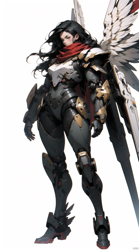 full body, large woman, long legs, long black hair, red scarf, soldier, scifi, robot, wings, black hair, black armor, heavy white armor, lance, white background