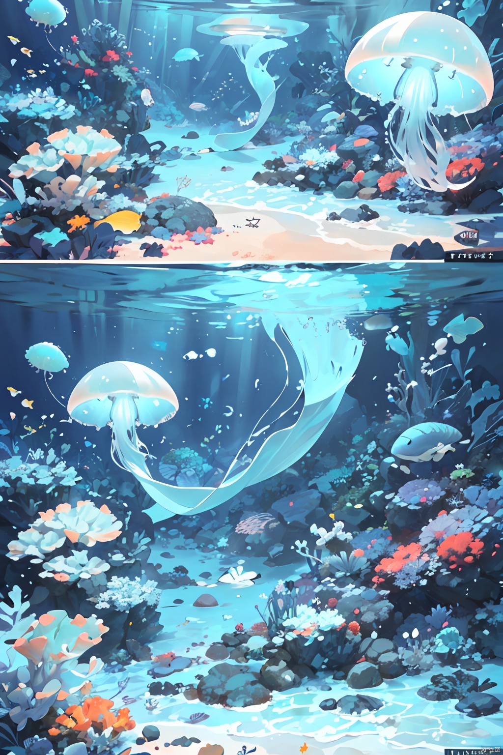 marine theme with natural elements. Tall mangroves, rich marine plants, glowing jellyfish, surrounded by schools of fish, glowing particle effects,, (marine plants), (ocean theme), ((luminous algae)), (coral), ((glowing jellyfish )), ((Glow Creatures in Seawater)), ((Sea Fire)), (((Particle Effect))), Isometric 3D, Octane Rendering, Ray Tracing, Super Detailed