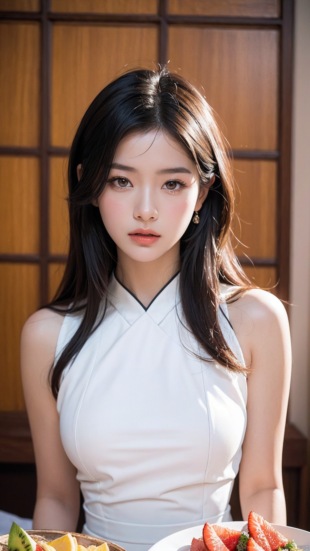  araffe woman in a white dress posing for a picture, gorgeous chinese model, gorgeous young korean woman, beautiful south korean woman, beautiful young korean woman, korean women's fashion model, tall thin beautiful goddess, a beautiful woman in white, lovely woman, young beautiful woman, stunning elegant pose, photo of slim girl model, elegant fashion model, portrait imageIn terms of image quality, It must have the best quality, Requires 4K or 8K resolution, And become a masterpiece. Images need ultra-detailed elements, Be realistic or photorealistic, Has HDR, nffsw, Studio Lighting. Images must be ultra-fine, Sharp focus and physically based rendering. The colors are vivid、The overall tone should be based on the autumn season. Lighting should create a warm and cozy atmosphere.Open the basket with the sandwich，A fruit plate with dragon fruit slices, blueberries, orange segments, watermelon, kiwi and strawberries, super realistic food pictures,, Randy Post, hyper realistic &quot;, hyper realistic&quot;, high res photo
