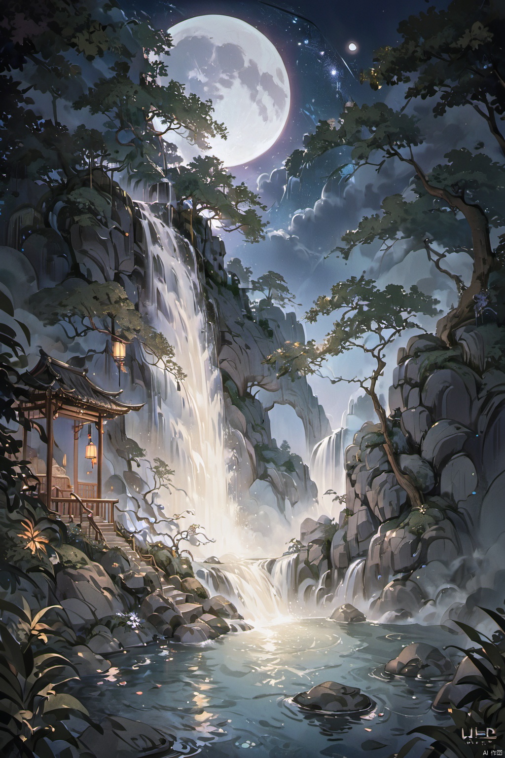  ((HRD, HUD, 8K)),((masterpiece, best quality)), highly detailed, soft YuanShen, UE, scenery, cloud, sky, outdoors, waterfall, fantasy, night, signature, tree, moon, water, star (sky)