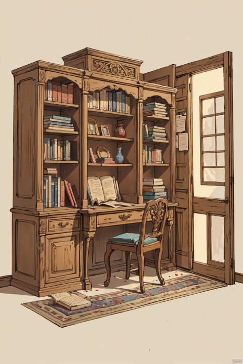 (((Reasonable scenery configuration))),high-quality carpet and various objects scattered on top,including ancient artifacts,stacked ornate books,and parchment scrolls. Despite the many items,the scene looks remarkably organized and tidy.