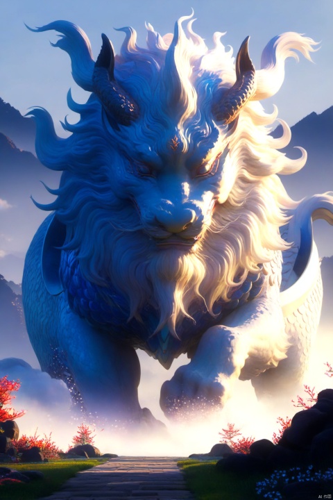  masterpiece,best quality,
The qilin is majestic, its body sleek and graceful, adorned with shimmering scales that glint in the sunlight. Its horn is long and spiraled, its eyes wise and kind. As it moves, the ground beneath its hooves bursts into bloom, flowers and grass springing up in its wake, creating a verdant path wherever it goes.，blue