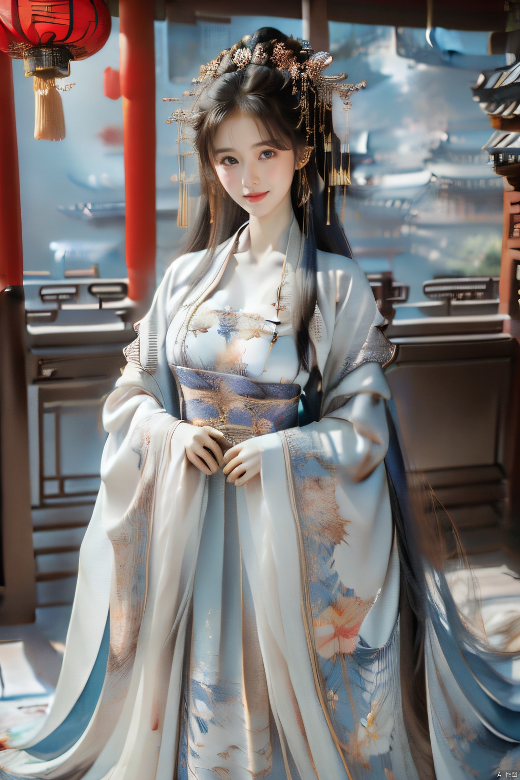  full body,chang,(hanfu:0.8),floral print,(cleavage:0.6),wide sleeves,long sleeves,fantasy theme,chines style,Ultra-high skin detail,Perfect facial details,cinematic lighting,chiaroscuro,super detail,award winning,best quality,FilmGirl,1girl,18 years old,Lolita,Beautiful body,fabulous hanfu,chang,floral print,huge_breasts,looking at viewer,