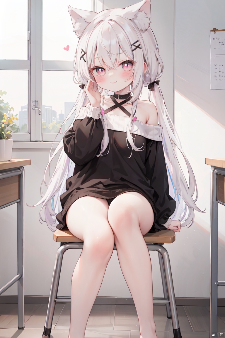  petite, loli, solo, animal ears, heart, puffy short sleeves, white hair, long hair, off shoulder, bangs, hair ornament, gradient background,rainbow gradient, x hair ornament, animal ear fluff, looking at viewer, very long hair, blush, smile, cat ears, bare shoulders, collarbone, hand up, gradient sweater, hair between eyes, symbol-shaped pupils, arm up, heart-shaped pupils, hairclip, medium breasts, salute, bare legs,full body，classroom, blackboad, desk, chair, Windows, light_brown_hair, beautiful_hair, brown_eyes, beautiful_eyes, 1_beautiful_girl, cute_face, beautiful, best_quality, good_anatomy
