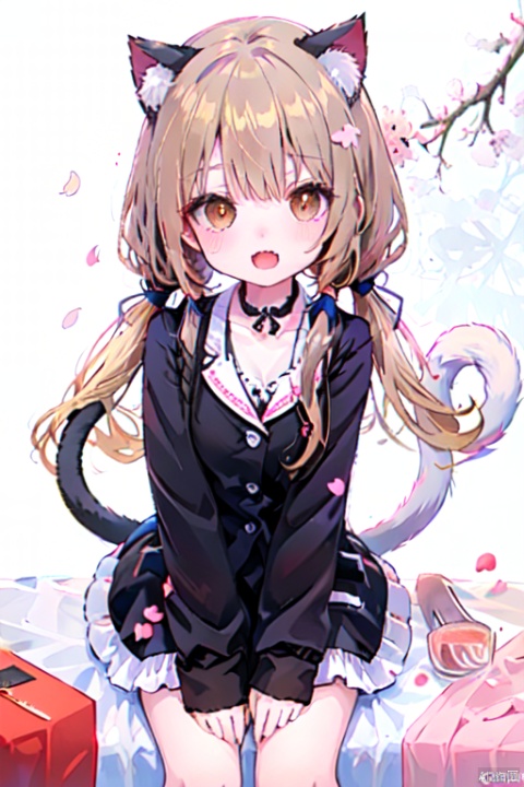 (chibi:1.3), 1girl, solo, cute, young sister, (blonde hair, low twintails hair), (jitome, fangs, open mouth, cat ears, cat tail), (girly outfits), background:park, (cherry blossoms, fluttering petals:1.3), beer, sake, 🍶🍺