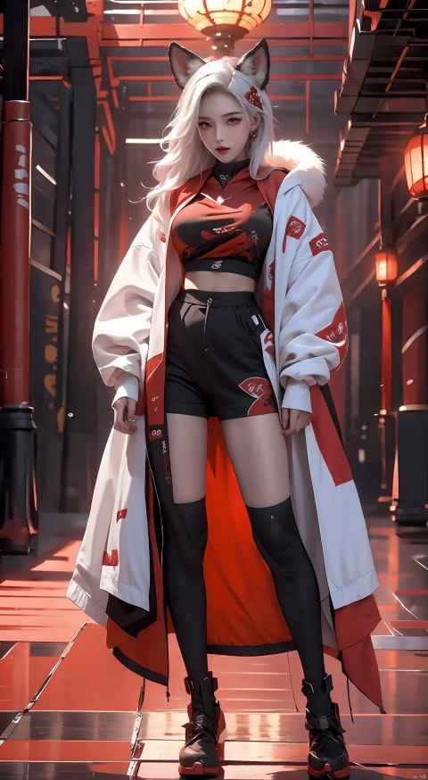 fox ears, red and black color, red eyes, white hair, hood, open jacket, full body, fur trim, hair between eyes, huge chest, multiple girls, little, oversized clothes