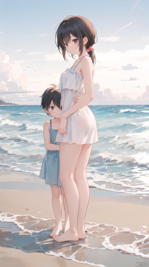 There are three people standing on the beach with their children,on the beach,on the beach,on the beach,on a vacation photo,a happy family standing near the beach,at sea,head photo,beach photo,standing on the beach,inspired by Eiichiro Oda,a family photo