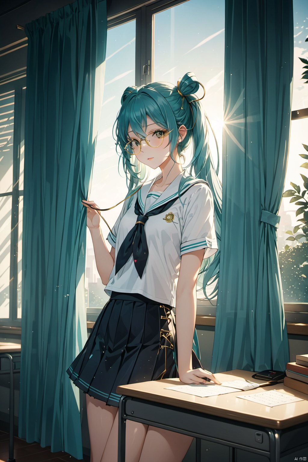  best quality, masterpiece, extremely detailed, high-quality,ray tracing,cinematic lighting,1girl,solo,hatsune miku,serafuku,Golden wire glasses,curtain,classroom,window,closed mouth