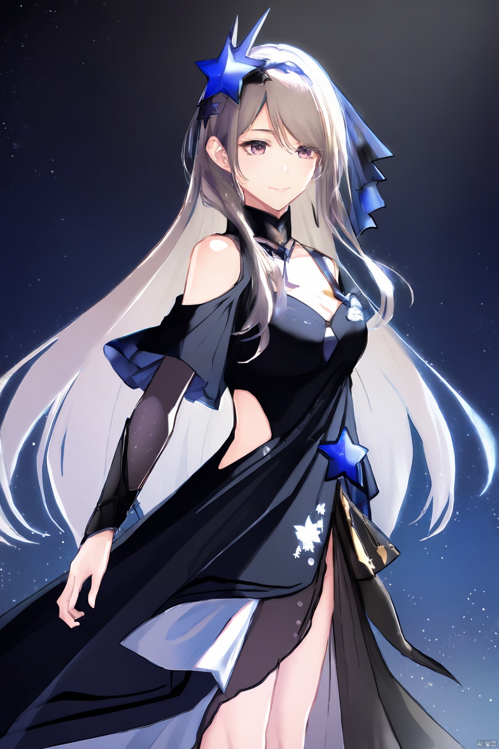 Silver Wavy Long Hair, Blue and Black Dress, star ornament