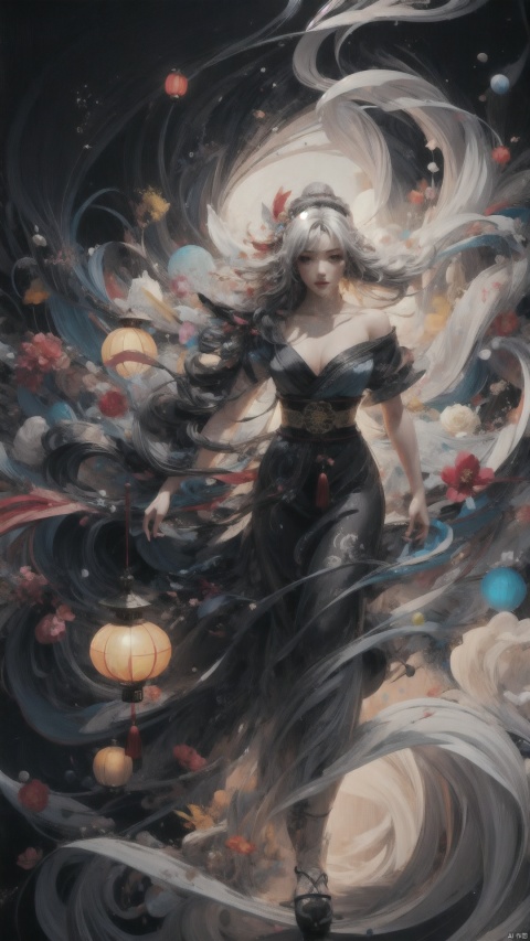 A white-haired woman in a black dress. The woman's dress features are extremely distinctive, leaving a deep impression on people.
Her dress is all black, a color that carries a mysterious and understated beauty in itself. The black dress made her look noble and mysterious, like a goddess from the night, quietly guarding a secret belonging to her.
The woman's hairstyle was also a highlight. A long silver-white hair is more striking against the dark background, as the moonlight flows, giving her an otherworldly temperament. Her hair is not too much decoration, just naturally falling, flowing over her shoulders, adding a bit of natural and pure beauty.
1 girl,full body,masterpiece,
render,technology, (best quality) (masterpiece), (highly detailed), game,4K,Official art, unit 8 k wallpaper, ultra detailed, beautiful and aesthetic, masterpiece, best quality, extremely detailed, dynamic angle, atmospheric, full body lens,high detail,exquisite facial features,futuristic,CG, myinv，((Top view, high angle view, Focal point composition)) , Sunset Gradient, moonlit night, halo, beautiful light, beautiful play of shadow, light effects, Autumn, Ancient Chinese architecture, many raditional Chinese architecture on a floating island, there are many scattered buildings on the high mountain, ( huge Taoist incense burner, Sending out exquisite and beautiful magical effects) , waterfall cascading from the island, a vast sea of clouds, spectacular waterfalls, group of buildings, lanterns and sky lanterns floating in the air, high mountains, starry skies, soft color, refreshing, beautiful, Chinese landscape painting, cinematic lighting, high detail, (close-up), (chiaroscuro),fine facial details,cinematic lighting, (depth of field), UHD
