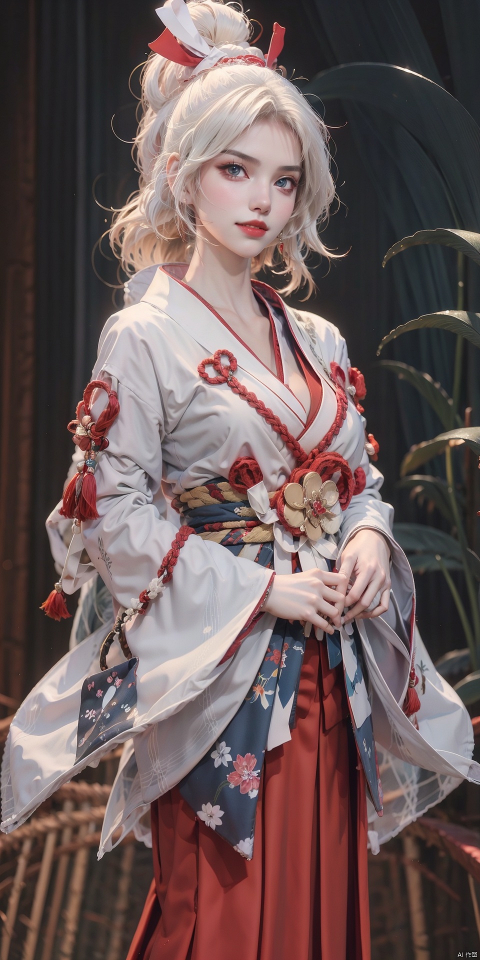 Young girl,long white hair,high ponytail,red eyes,blue sleeveless samurai kimono,smile