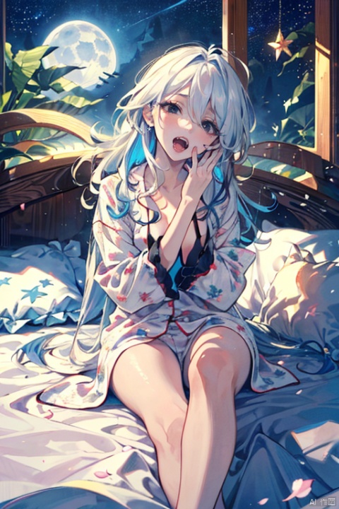 Brilliant Colorful Paintings, illustration,ligne claire,(dreamy),(colorful:1.3),perfect composition, Original Characters, ((((Yawn))), comfutable, Cute Fangs, Windswept Disheveled White Hair, Girl In Loose Pajamas, Sitting On Bed With Soft Pillows, Behind is A Huge Moon And A Sea Of Stars, (Long white Hair:1.1), (close Eye), Masterpiece, Natural Volumetric Lighting And Best Shadows, Deep Depth Of Field, Sharp Focus, Portrait Of Stunningly Beautiful Petite Girl, Soft Delicate Beautiful Attractive Face With Alluring Black Eyes, Lovely Small Breasts, Sharp Eyeliner, Bloom, Picturesque