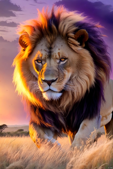  A majestic and regal lion,its golden mane flowing in the wind as it prowls through the tall grass of the savannah,In the distance,the setting sun paints the sky in shades of fiery orange and deep purple,casting a warm and welcoming glow across the African landscape