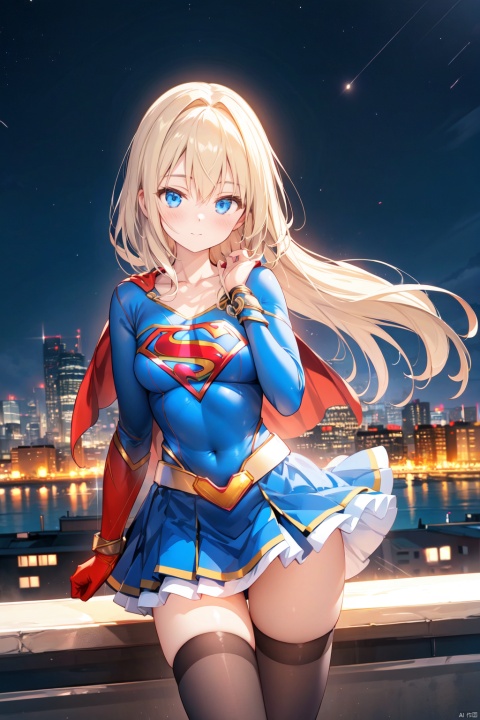 woman posing for a photo,(using supergirl cosplay outfit),mini skirt,(Hasselblad photo),finely detailed skin,sharp focus,(cinematic lighting),collarbone,night,soft lighting,dynamic angle,(5 star hotel),outside