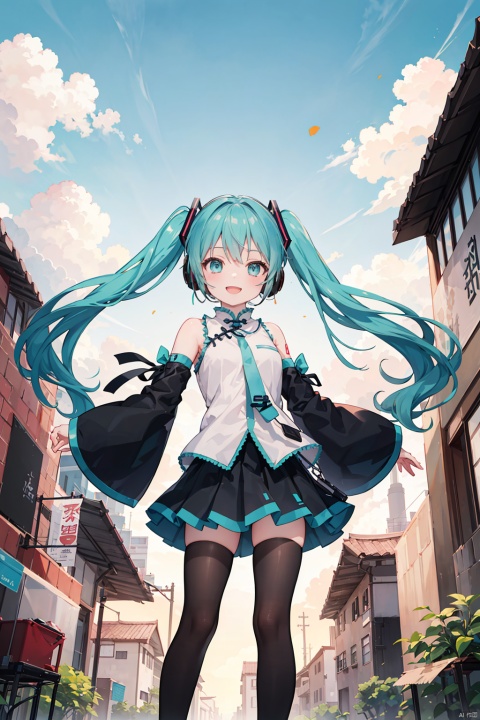  1girl, aircraft, aqua_eyes, aqua_hair, black_legwear, black_skirt, black_sleeves, blue_hair, building, city, cityscape, cloud, detached_sleeves, evening, floating_hair, ground_vehicle, hair_ornament, hatsune_miku, headphones, long_hair, open_mouth, orange_sky, outdoors, scenery, shirt, skirt, sky, smile, speaker, standing, sunrise, sunset, thighhighs, tower, twilight, twintails, very_long_hair,(Chinese landscape),abstract painting,Zen,Amy Sol style,Green trees,flowers,Chinese style architecture,cover art with light abstraction,simple vector art,contemporary Chinese art,color gradients,soft color palettes,layered forms,whimsical animation,style Ethereal abstract,4K