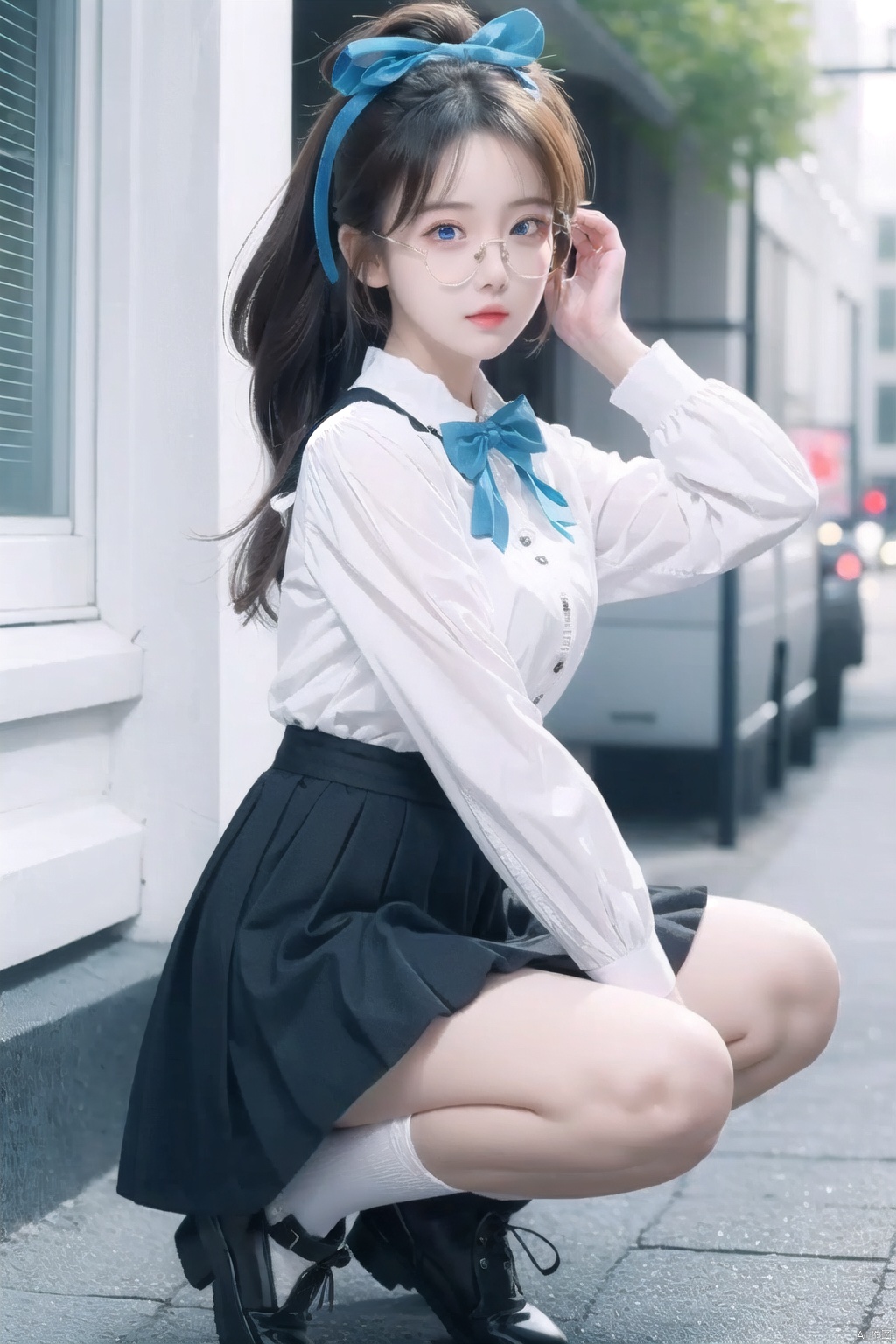 monocular glasses,masterpiece, best quality, best quality,Amazing,beautiful detailed eyes,1girl, solo,finely detail,Depth of field,extremely detailed CG unity 8k wallpaper, solo focus,{{{kafuu_chino}}}, blue_bow, blue_eyes, blue_footwear, blue_neckwear, blush, bow, hair_ornament, hairclip, long_hair, long_skirt, long_sleeves, rabbit_house_uniform, shirt, shoes, skirt, white_legwear, x_hair_ornament, {loli}.,