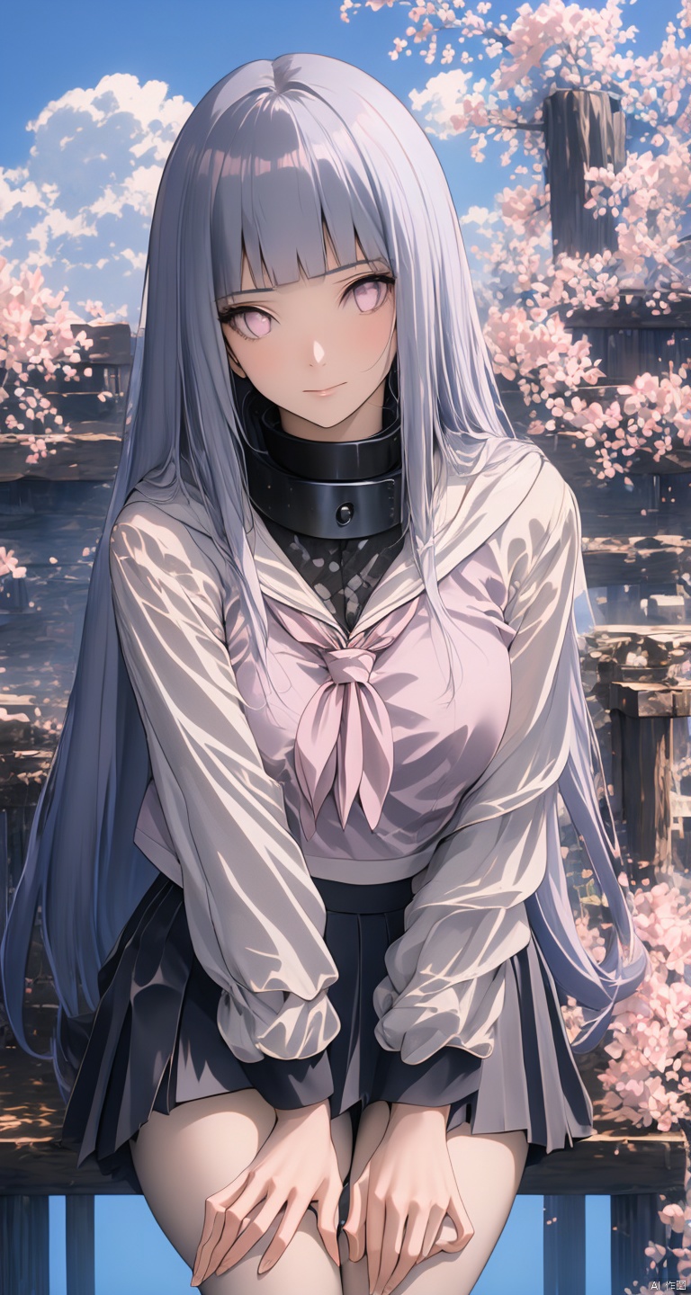  1girl, solo, long_hair, pink_hair, cherry_blossoms, skirt, very_long_hair, ripples, school_uniform, twintails, black_skirt, reflection, serafuku, from_above, neckerchief, shirt, pleated_skirt, pink_eyes, sailor_collar, long_sleeves, black_shirt, flower, black_serafuku, sitting, water, looking_up, bangs, looking_at_viewer, petals, closed_mouth, black_sailor_collar