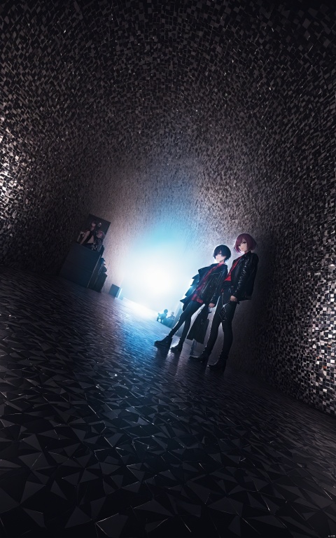 Poster,two people,a boy and a girl,party duo shining picture,dual character image,rebellious,black,leather jacket,colorful,artdeco,((ultra-wide angle lens)),tone mapping,dramatic lighting,(8k resolution)