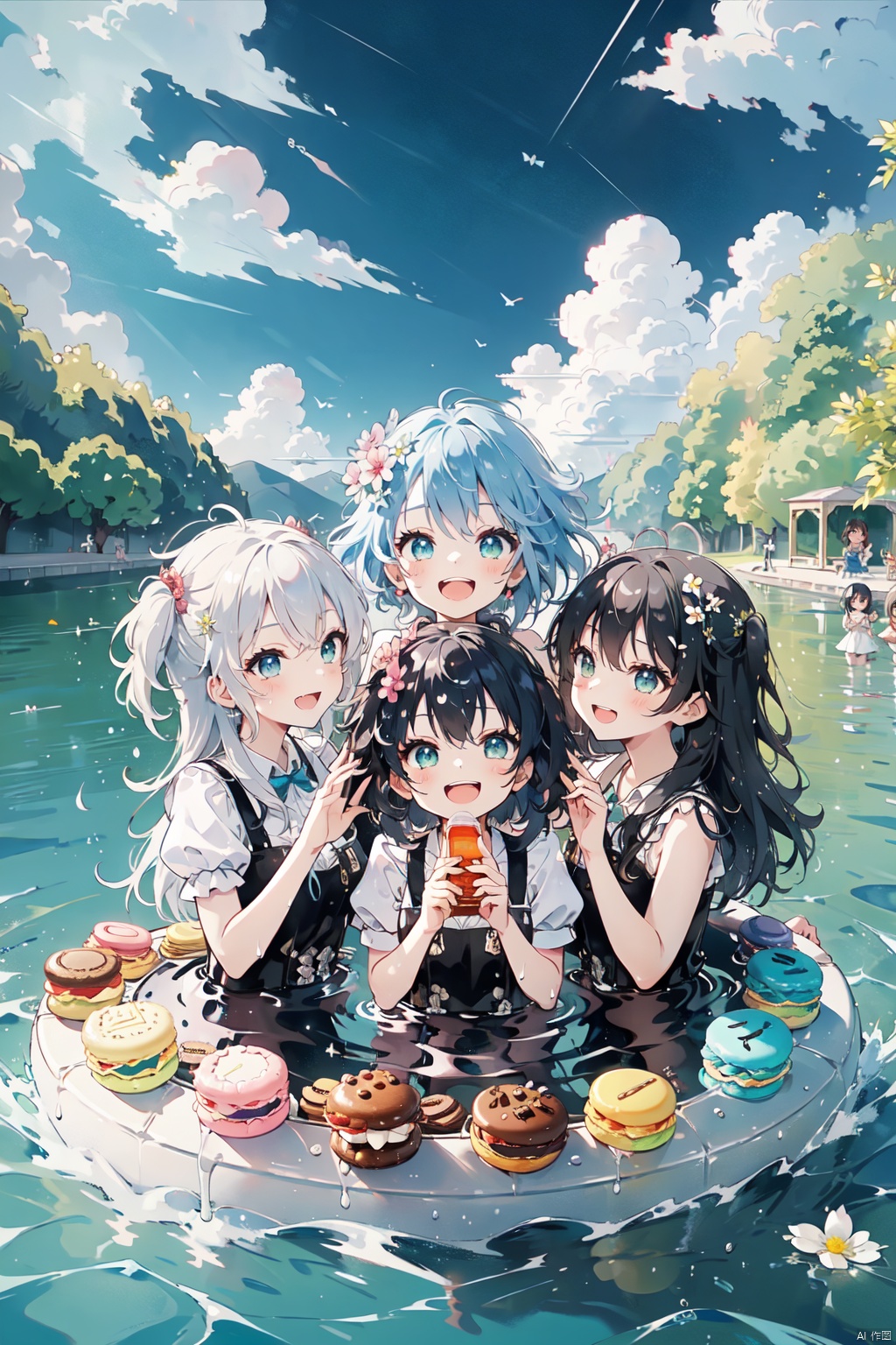  4+ girls, multiple colored hairs, sweet maids, random cute faces, super happy smiling, laughing,group shot, zoom camera, sweet tea party,lots of cakes, macarons, chocolates, parfaits, cookies, land of sweets，(masterpiece, best quality), 3boys, playing in water, lake full of flowers, clouds, sun, blue sky, good face, laughing, splashing, having fun, enjoying, water gun