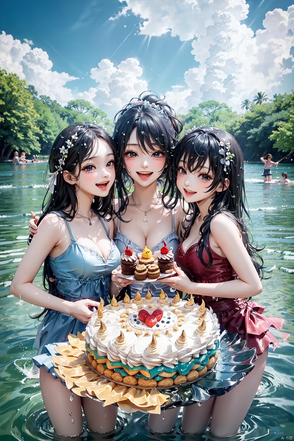  4+ girls, multiple colored hairs, sweet maids, random cute faces, super happy smiling, laughing,group shot, zoom camera, sweet tea party,lots of cakes, macarons, chocolates, parfaits, cookies, land of sweets，(masterpiece, best quality), 3boys, playing in water, lake full of flowers, clouds, sun, blue sky, good face, laughing, splashing, having fun, enjoying, water gun