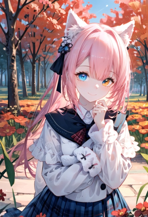  1girl,solo,tender,sister.long_hair,highly detailed eyes,(heterochromia<(ruby eye,blue eye)>,albinism),blazer,blue_jacket,brown_skirt,long_sleeves,plaid_skirt,pleated_skirt,school_uniform,open_clothes,white shirt,open_jacket;;standing,smile,closed_mouth,blush,looking_at_viewer.1girl, solo, peasant girl, cat ear, cattail, long sleeve, capelet, ribbon, pink hair, (frills:1.1), lace, Amber eyes, cute, kawaii, looking at viewer, standing, illustration, shy, smile, holding a heart shape box, Arms in front, magic fantasy style, from above, (pink tone:1.1), (red tone:1.1), (light red theme:1.1), outdoor, Flower field, detailed landscapes, lens flare, halation, Deep depth of field, (intricate:1.3),