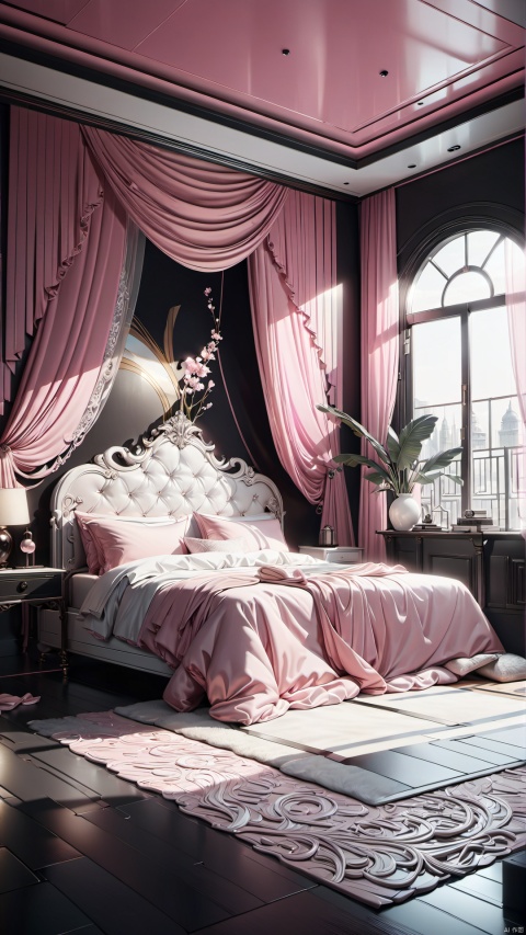  In a romantic pink world, The bottom of the bed is pale pink, which complements the white pattern of the head of the bed and the pink curtains, giving off an elegant and gentle atmosphere. Around the bed, pink curtains fluttered gently, as if to add a touch of mystery and romance to her dreams.
Interior, Home design,Conceptual space, Surrealism, 
render,technology, (best quality) (masterpiece), (highly in detailed), 4K,Official art, unit 8 k wallpaper, ultra detailed, masterpiece, best quality, extremely detailed,CG,low saturation,monochrome, wmchahua, realistic, duobaansheying