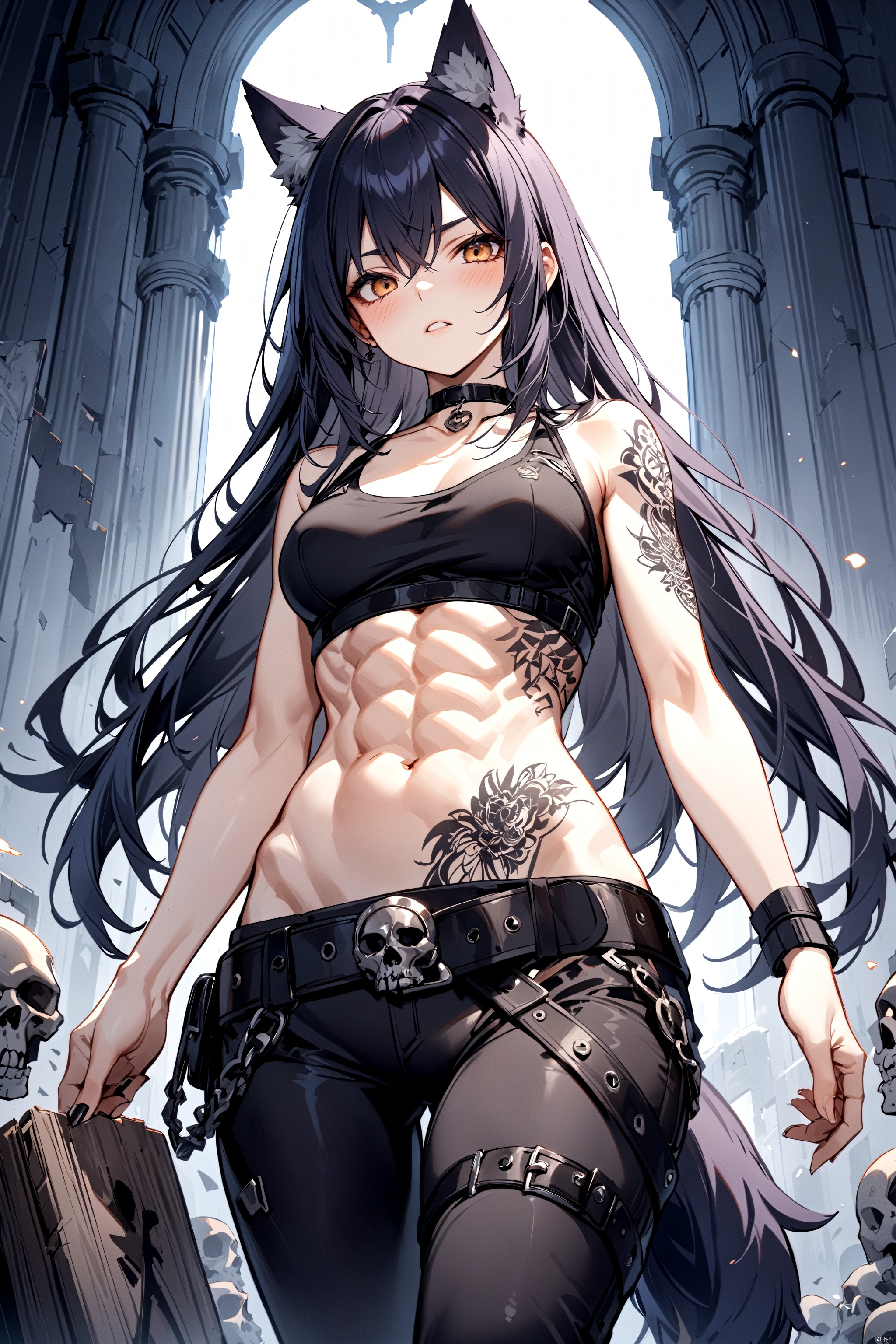 high-quality, ultra-detailed, high resolution, wallpaper, 1girl, ((abs)), wolf ears, wolf tail, death, ((tatoos)), skulls, gothic, tight black pants, belt, black crop top, choker