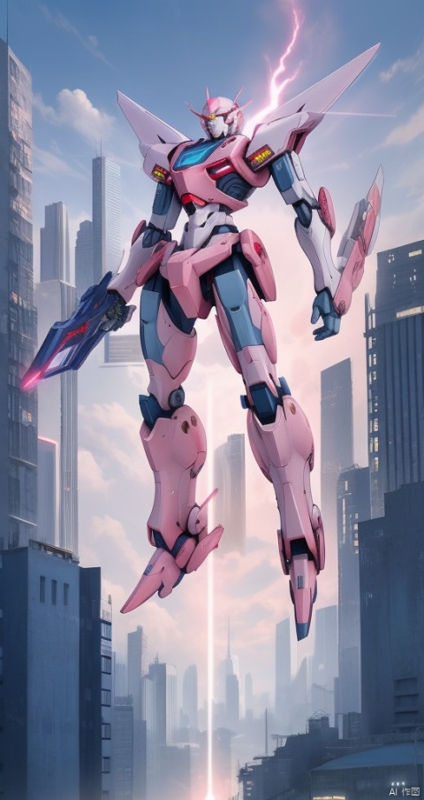 sky,cloud,holding weapon,no humans,glowing,robot,building,glowing eyes,mecha,science fiction,city,realistic,light pink mecha