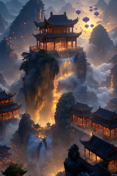  ((Top view, high angle view, Focal point composition)) , Sunset Gradient, moonlit night, halo, beautiful light, beautiful play of shadow, light effects, Autumn, Ancient Chinese architecture, many raditional Chinese architecture on a floating island, there are many scattered buildings on the high mountain, ( huge Taoist incense burner, Sending out exquisite and beautiful magical effects) , waterfall cascading from the island, a vast sea of clouds, spectacular waterfalls, group of buildings, lanterns and sky lanterns floating in the air, high mountains, starry skies, soft color, refreshing, beautiful, Chinese landscape painting, cinematic lighting, high detail, (close-up), (chiaroscuro),fine facial details,cinematic lighting, (depth of field), UHD