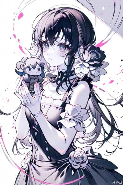 A doll wearing a dress surrounded by flowers and flowers, girl in flowers, extremely fine ink line art, detailed manga style, line art coloring page, black and white coloring, manga style, coloring page, girl made of flowers, complex caricature drawing, exquisite line art, detailed line art, ink caricature drawing, manga illustration, covered with flowers