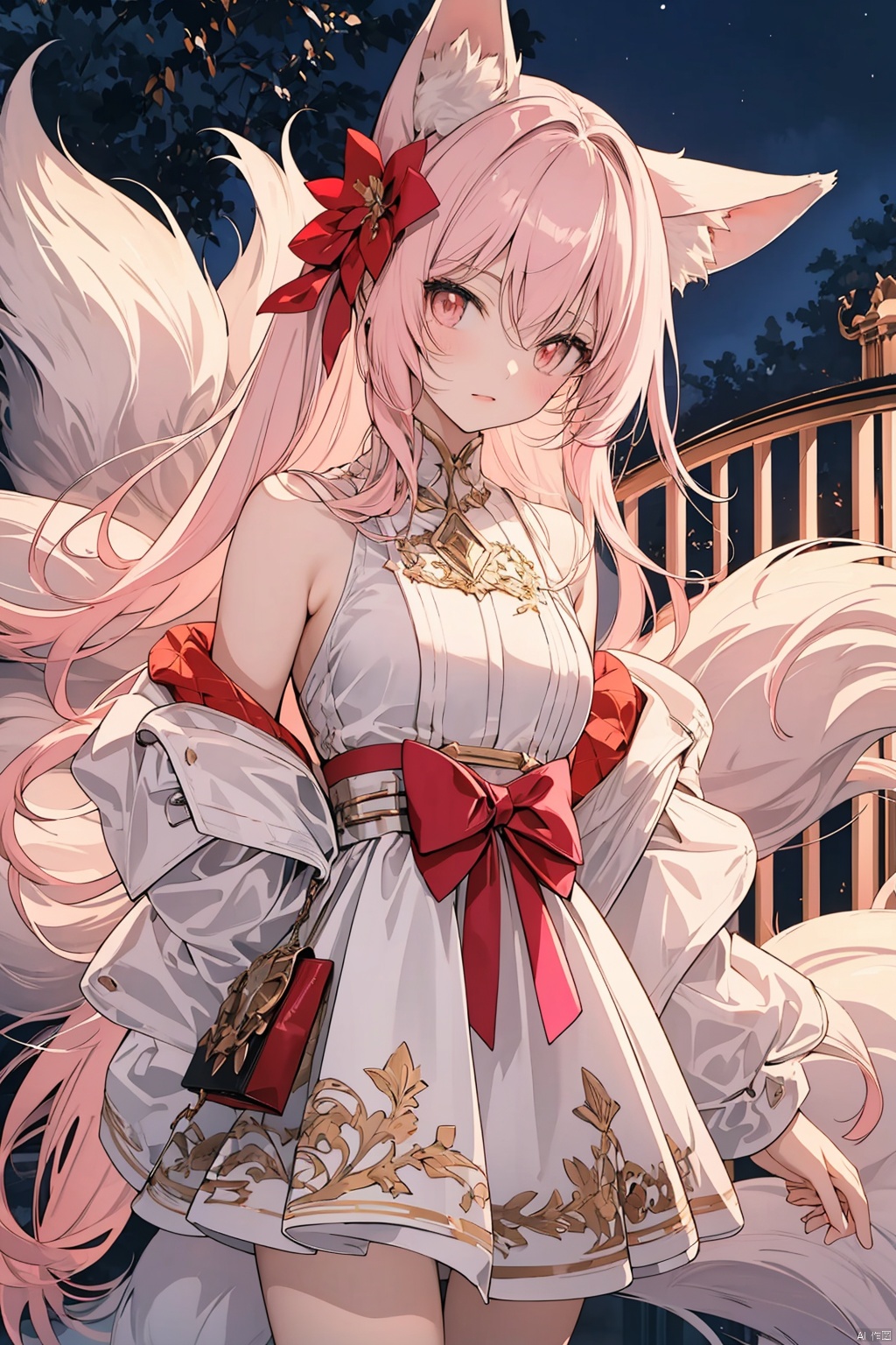  dynamic angle, wide shot, ((Pink light:1.2)), mature female, light pink hair, red crimson eyes, fox ears, red fox tails, ((night:1.2)), cowboy shot, ((red and pink atmosphere:1.0)), glowing fox tails, ((9 tails:1.2)), red body glow, beautiful face, masterpiece, best quality, extremely detailed cg unity 8k wallpaper, high-quality, ultra-detailed, depth of field, illustration, beautiful detailed wallpaper, accurate anatomy to hands and fingers, mksks, Art Style 2.0, starrystarscloudcolorful, lora:more_details:0.5