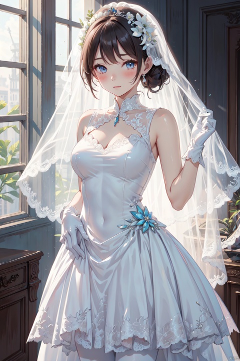 wedding dress, white gloves, sleeveless, white pantyhose, blushing, show shoulders, wedding, kan