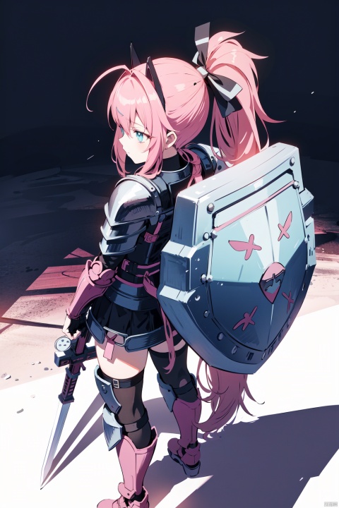 a female anime style character wearing armor holding a sword and shield and standing holding a pink cat, 1girl, solo, thigh strap, shadow, armor, standing, fake animal ears, signum, long hair, blue eyes, hair ribbon, ponytail, pink hair