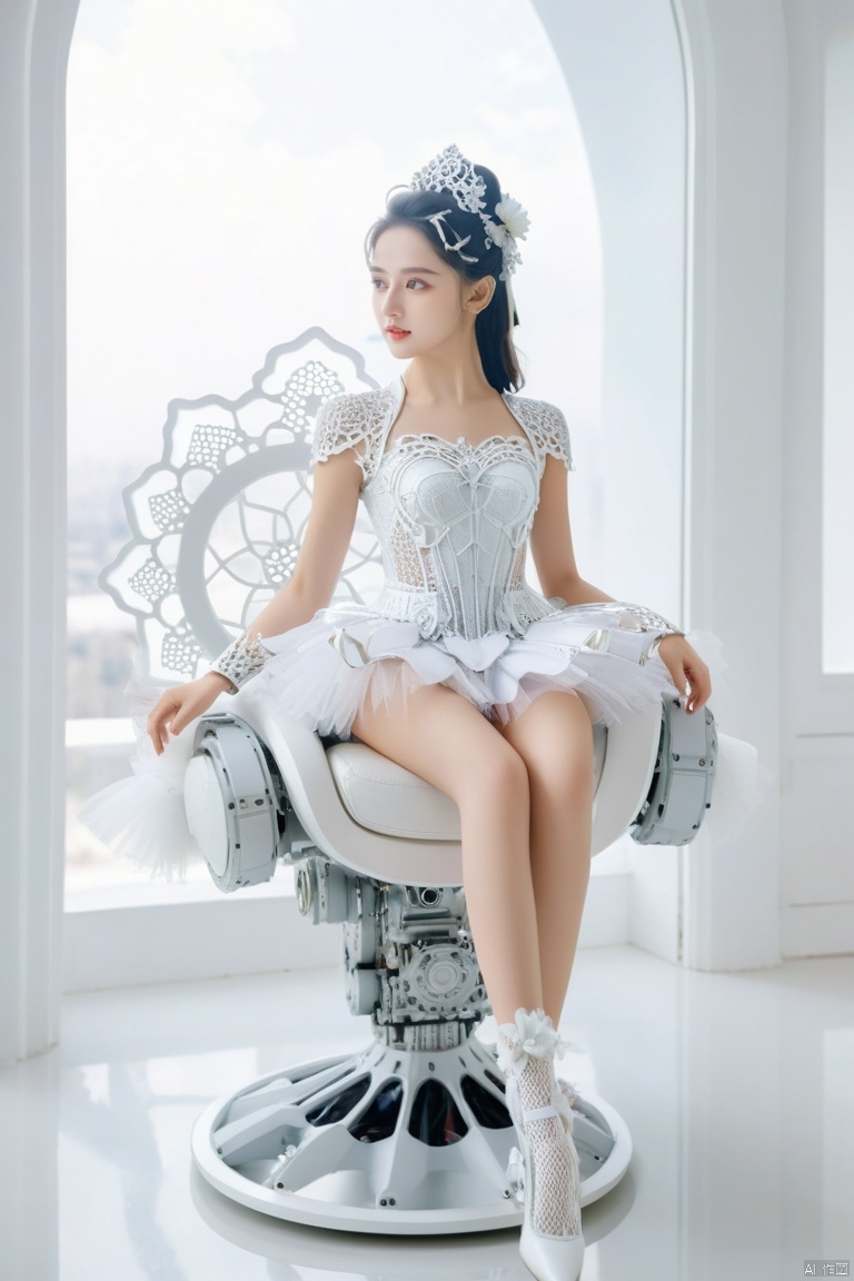 (masterpiece:1.2), (best quality:1.2), newest, intricate details, ai-generated, perfect anatomy, white theme, beautiful android girl, detailed mechanical parts visiblem, embossing decoration on body, flower design silver trim on mechanical parts, wearing white lace leotard and (tutu:1.2), white soft light, white shiny room with smooth surfaces, girl sitting to viewer, futuristic chair