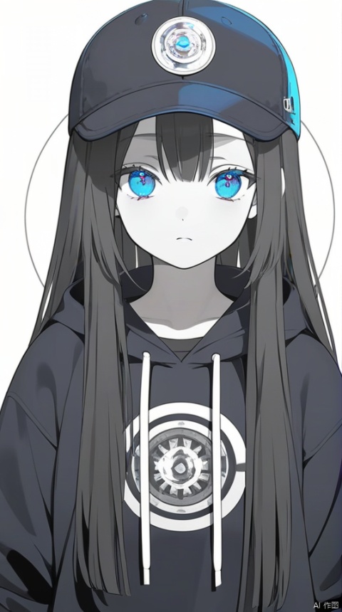 Glitch screen filter,1girl,solo,hood,expression face,standing,looking at viewer,cap,blue eyes,long straight hair,closed mouth,upper body,Monochrome,multicolored carved circle,white wall