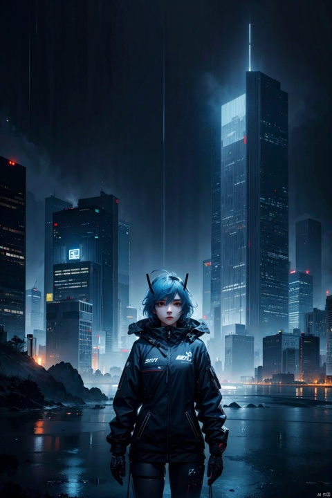 1girl,lady with cybernetic parts,glowing visor,short light blue hair,techwear,oversized black jacket,skyscraper outdoors,neon rim light,night,rain,volumetric lighting,realistic,cowboy shot