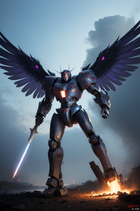  sky, flying, holding weapon,  glowing, armor, glowing eyes, mecha, realistic,mecha, large wings