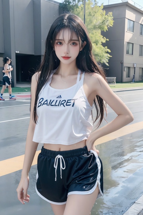 （（（（brassiere showing through wet sports white t shirt that is wet from sweat, school sports shorts, jogging around schoolyard, a face distorted by tired, sweat, black medium hair, messy hair, cute））））（masterpiece, high quality, best quality, 8k, more details)