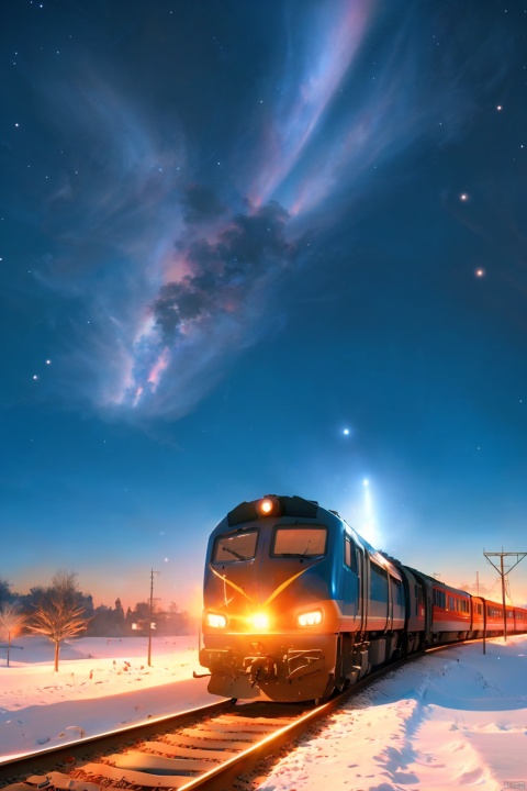 There is a train running along the tracks in the snow,Makoto Shinka's concept art,tumblr,magic realism,beautiful anime scenes,cosmic sky,((makoto shinkai)),anime background art, anime backgrounds,galaxy express, no humans