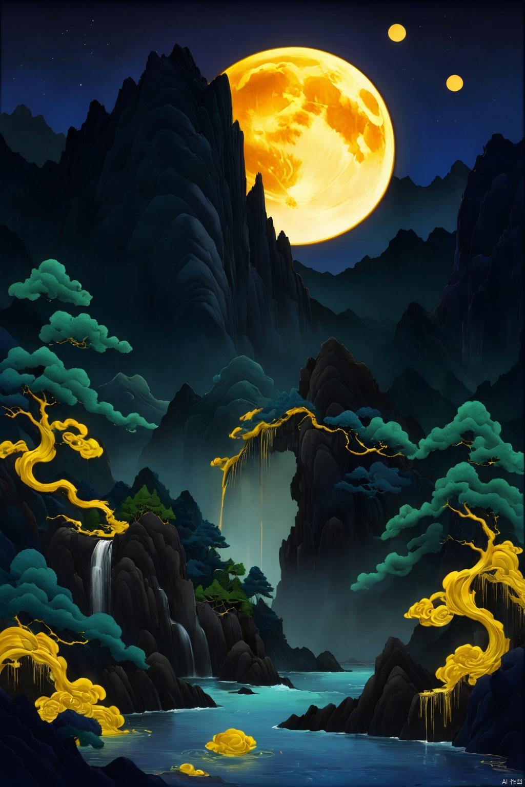  guofeng,no humans, on a dark and picturesque night, a huge full moon rose high, black towering mountains blocked part of the moon, there was a golden waterfall flowing down from the mountain, and some pine trees were faintly seen on the mountain,Tranquil, mysterious landscape, dark cliffs, no buildings, moon in the water