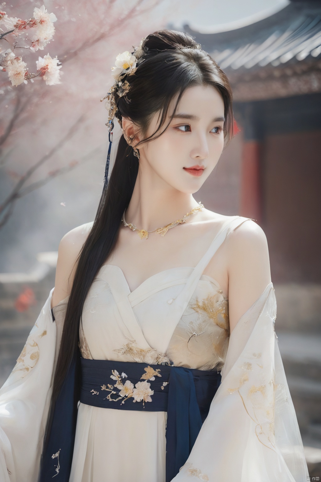  best quality, masterpiece,cowboy_shot,(Good structure),,a girl,xianjing,Off-the-shoulder, bust photo,upper body,Hanfu, Cloud, Smoke,branch,flower, smile,Gaze at the audience, Ink scattering_Chinese style, ((poakl)), ,looking_at_viewer,kind smile, , chinese dress,white dress, liuyifei,long_hair