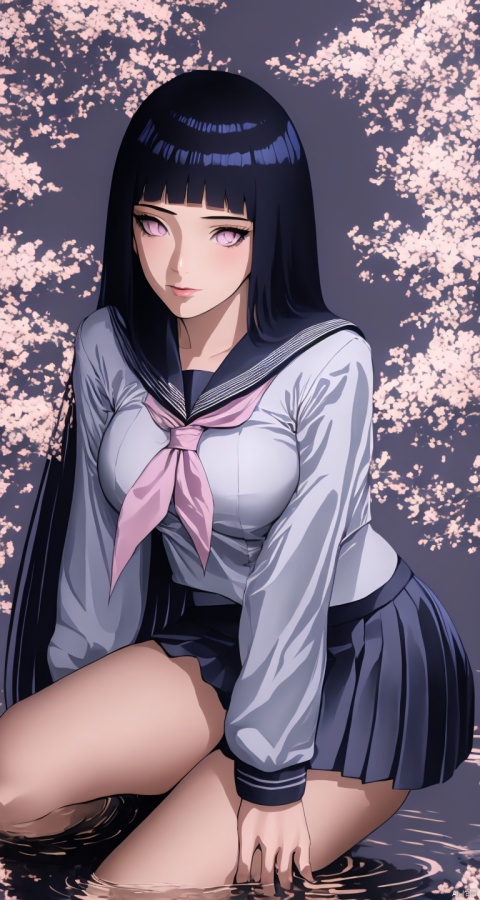  1girl, solo, long_hair, pink_hair, cherry_blossoms, skirt, very_long_hair, ripples, school_uniform, twintails, black_skirt, reflection, serafuku, from_above, neckerchief, shirt, pleated_skirt, pink_eyes, sailor_collar, long_sleeves, black_shirt, flower, black_serafuku, sitting, water, looking_up, bangs, looking_at_viewer, petals, closed_mouth, black_sailor_collar