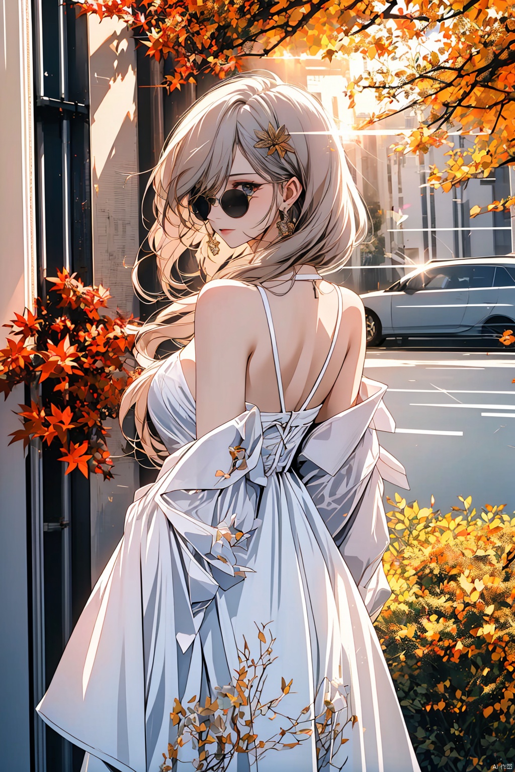 1girl, frameless sunglasses, iridescent light, sunny day, reflection on frameless glasses, (lens flare:1.3), yellow theme, looking at viewer, white lace silver summer dress, glitters on dress, from above side, street with flower grass trees, (detailed:1.3) image, (intricate:1.2)(autumn :1.3), (masterpiece:1.2), (best quality:1.2), newest, intricate details, ai-generated