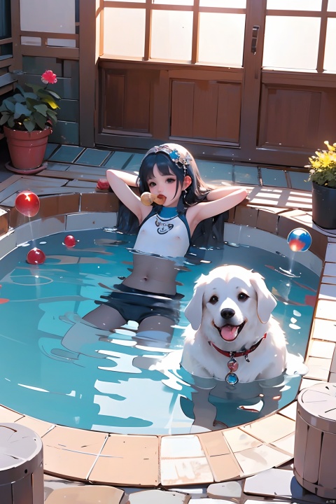 small blue kiddie size pool in background with dog laying inside it eating bubbles 35mm lens