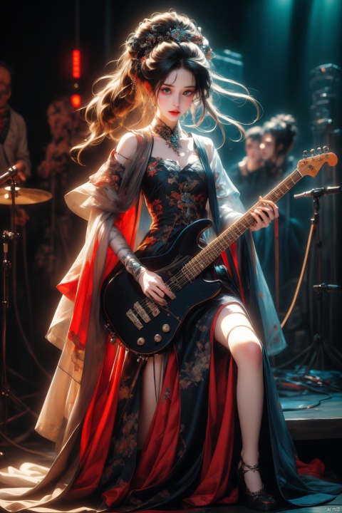 (best quality), (top quality), (dark), (full body), (melancholy), (sadness), (agony), (terror), (horror), (vibrant colors, neon), (realistic photo), (real photo) dark women's musical band, (vocalist, guitarist, drummer and bassist)