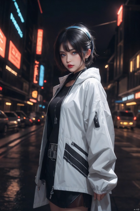 1girl,lady with cybernetic parts,glowing visor,short light blue hair,techwear,oversized black jacket,skyscraper outdoors,neon rim light,night,rain,volumetric lighting,realistic,cowboy shot