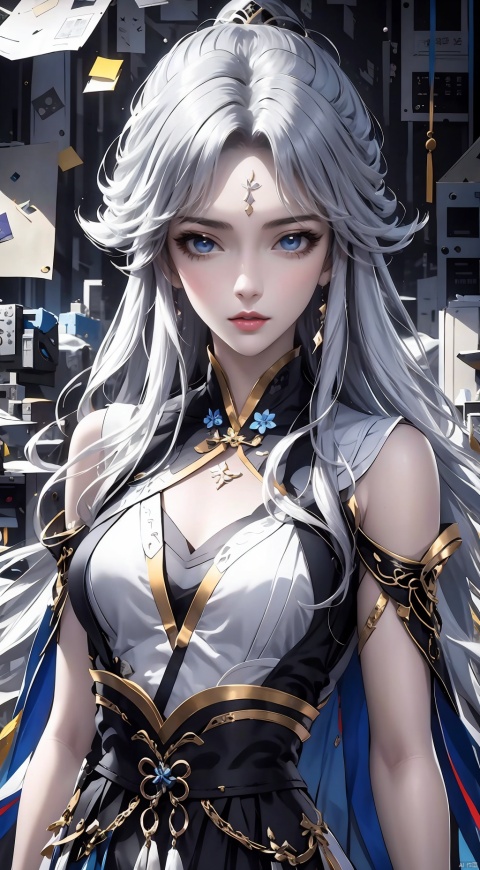  1girl, long hair, bangs, blue eyes, white hair, floating hair,Cubist abstraction, the figure of a girl amidst a geometrically fractured workshop, computer parts as the subject of artistic fragmentation, vibrant color palette, low-angle perspective, sharp lines, high-resolution canvas., (/qingning/), (\MBTI\)