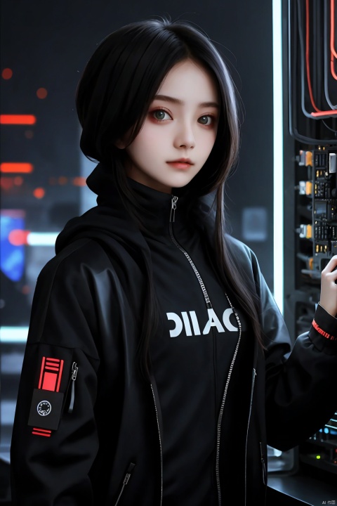 Hacker,female,computer,high resolution,high quality,cyberpunk style clothes
